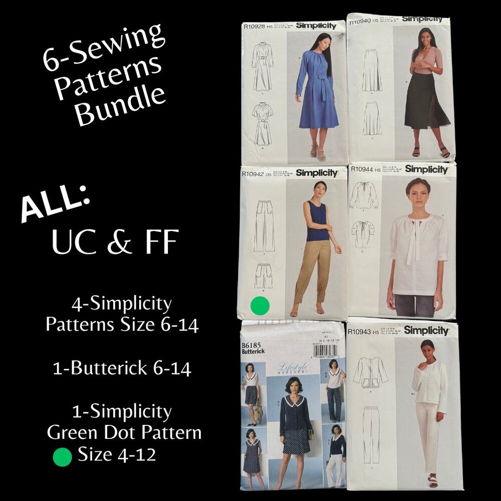6 Piece Sewing Pattern Bundle Simplicity Butterick, 5-Size (6-14), 1-Size (4-12)